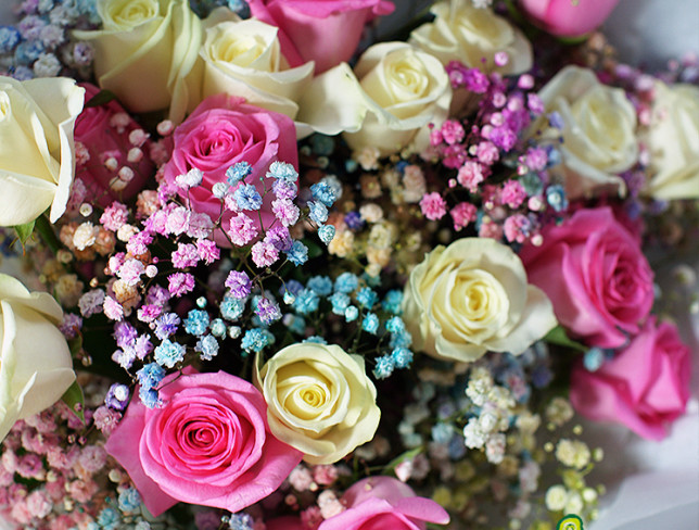Bouquet with roses and tinted gypsophila ''Rainbow of Flowers'' photo